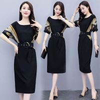 黑色休闲印花雪纺连衣裙女2020新款收腰显瘦性感气质名媛长裙子夏