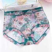 大码超薄内裤女 性感透明印花中腰胖mm大版网纱透气三角裤春夏