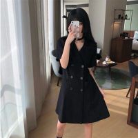 2020夏新款韩版小个子修身显瘦港风裙双排扣中长款子西装领连衣裙