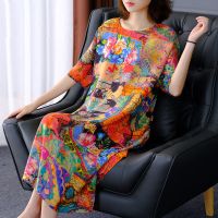 冰丝连衣裙2020春夏季新款民族风印花仿真丝女装大码宽松妈妈长裙