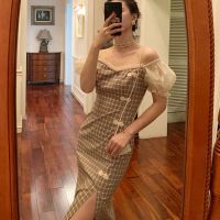 复古盘扣开叉裙子2020夏季新款荷叶边国风格子旗袍收腰直筒连衣裙