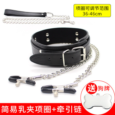 sm情趣项圈乳夹颈套脖套乳头夹狗奴捆绑束缚女王女奴仆调教牵引圈 简易乳夹项圈(含牵引链)+狗牌