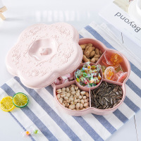 小麦秸秆粉色 小熊零食盘 超喜庆 结婚家用干果盘客厅水果盘 塑料瓜子盘创意分格带盖糖果盒