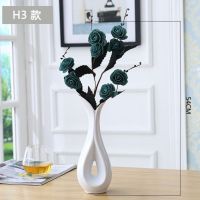 白花瓶带玫瑰花墨绿色 陶瓷轻奢花瓶小清新简约现代家居客厅餐桌水养鲜花插花器白色摆件