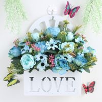 love壁挂油画牡丹蓝 挂墙吊篮仿真花玫瑰假花套装篮塑料栅栏客厅绢花墙壁挂墙面装饰花