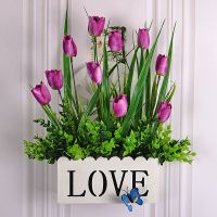 挂墙郁金香玫红 仿真花挂墙栅栏套装挂篮墙壁饰吊篮室内挂壁挂摆设墙面装饰假花