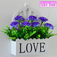 酒红色lo挂油画康乃馨蓝 仿真花挂墙栅栏套装挂篮墙壁饰吊篮室内挂壁挂摆设墙面装饰假花