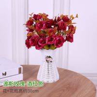 波斯玫瑰-酒红+瓶 客厅酒柜电视柜假花仿真花束装饰品摆件室内餐桌塑料花卉盆景摆设