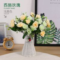 西施玫瑰-浅黄+瓶 客厅酒柜电视柜假花仿真花束装饰品摆件室内餐桌塑料花卉盆景摆设