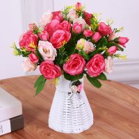 韩式玫瑰-粉+瓶 客厅酒柜电视柜假花仿真花束装饰品摆件室内餐桌塑料花卉盆景摆设