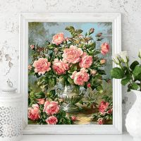 G510粉色月季 40*50带内框1.6cm厚黑白板 diy数字油画客厅花卉人物风景动漫人工手绘填色油彩装饰画