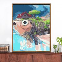 大鱼和房子 40*50钉好加厚内框+画架 DIY数字油画减压画人物动物卡通动漫填色画涂色油彩画手工装饰画