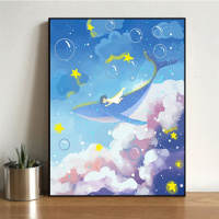 GT014 50*65绷好2.5cm厚内框 diy数字油画大鱼油彩画儿童手绘创意抽象蓝色鲸鱼装饰画清新天空