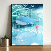 GT016 40*50绷好2.5cm厚内框 diy数字油画大鱼油彩画儿童手绘创意抽象蓝色鲸鱼装饰画清新天空