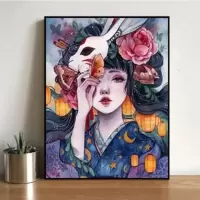 GX2315花宴少女1 60*75内框+黑/白/金/白金外框 diy数字油画大鱼油彩画儿童手绘创意抽象蓝色鲸鱼装饰画清新