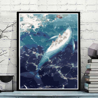 GX2369鲸鱼1 40*50绷好1.6cm厚内框 diy数字油画大鱼油彩画儿童手绘创意抽象蓝色鲸鱼装饰画清新天空
