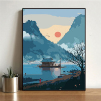 GX2509江林仙境 50*65内框+黑/白/金/白金外框 diy数字油画大鱼油彩画儿童手绘创意抽象蓝色鲸鱼装饰画清新天