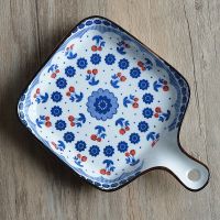 1个装8.5寸带把方盘樱之花 2个装北欧ins风釉下彩陶瓷盘子带柄方盘家用创意早餐盘水果盘烤盘