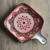 1个装8.5寸带把方盘烈焰红 2个装北欧ins风釉下彩陶瓷盘子带柄方盘家用创意早餐盘水果盘烤盘