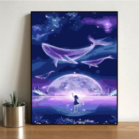GX2566 40*50绷好2.5cm厚内框 diy数字油画大鱼油彩画儿童手绘创意抽象蓝色鲸鱼装饰画清新天空