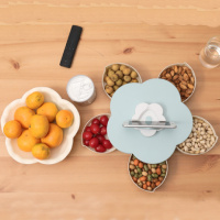 旋转果盘-单层+水果盘(北欧蓝) 创意旋转果盘水果盘家用干果盒分格果盘瓜子盘子糖果盒欧式零食盒