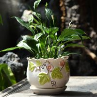 单个绿叶茶花花盆 中号14厘米 花盆陶瓷简约清仓特价特大号大号托盘创意塑料吊兰带绿萝多肉花盆