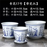 青花17号三件套[配瓷托] 青花瓷花盆陶瓷清仓带托盘大号多肉花盆古韵中国风套装花盆批发