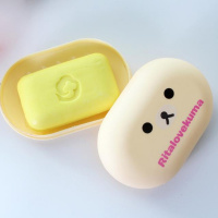 创意可爱卡通轻松熊香皂盒肥皂盒-时尚旅行出差便携带盖肥皂盒 轻松熊米色*2个