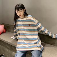 尤柯鸟(yoekbird) 新春优惠时尚韩潮 鬼马系少女秋装宽松韩版绣花条纹长袖打底衫恤女