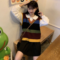 尤柯鸟(yoekbird) 新春优惠时尚韩潮 学生衬衫百褶半身裙彩色条纹马甲毛衣套装