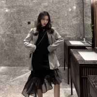 尤柯鸟(yoekbird) 新春优惠时尚韩潮 复古休闲西装接网纱黑色鱼尾连衣裙