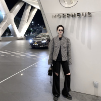 尤柯鸟(yoekbird) 新春优惠时尚韩潮 格纹机车毛呢夹克外套拉链开口破洞休闲裤