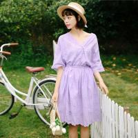 尤柯鸟(yoekbird) 新春优惠时尚韩潮 五分袖棉布蕾丝V领刺绣松紧小清新优雅淑女连衣裙