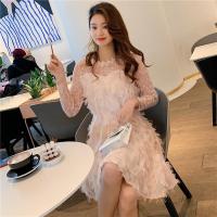 尤柯鸟(yoekbird) 新春优惠时尚韩潮 春季新款羽毛流苏刺绣花边连衣裙蕾丝接A字裙