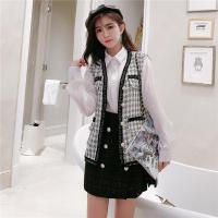尤柯鸟(yoekbird) 新春优惠时尚韩潮秋装套装女时尚白色衬衫格子马甲外套不规则半身裙风三件套