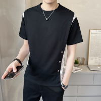 孟康(MENGKANG)设计感拼接短袖t恤男士夏季ins潮流复古圆领半袖上衣薄款修身体恤