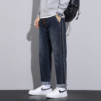 孟康(MENGKANG)日系宽松直筒牛仔裤男微锥大码休闲条纹男裤美式高街长裤