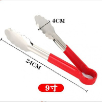 不锈钢食品夹子烧烤夹面包夹手抓饼夹肉夹菜夹子自助牛排夹子厨房 红胶9寸_251