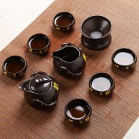 特价青瓷茶具陶瓷套装家用简约泡茶壶茶杯子茶盘整套玻璃功夫茶具 10头定窑黑色禅字_271