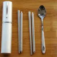 便携不锈钢折叠精工筷子勺子叉子餐具三件套上班族笔筒盒套装旅行 普通厚款 升级款2双304筷子+盒子