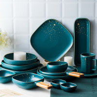 欧式墨绿色金边陶瓷餐具 西餐盘圆盘牛排盘家用饭碗沙拉盘菜盘子