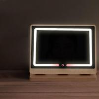 女学生便携补光网红带led灯梳妆台式美妆化妆镜子触摸屏圆形木质