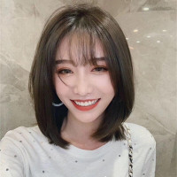 丽青丝 假发女 真发 短发波波头空气刘海内扣bobo头 中发直发网红锁骨发 自然逼真女士真发假发套女