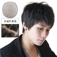 蔓茵 假发男短发 全手织真发 递针男士假发套 帅气直发 光头青中年清爽 假发斜刘海真人发丝秃顶假发