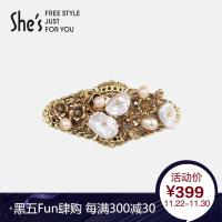 shes茜子发饰 不朽的凡尔赛系列 复古巴洛克手工串制花朵平行夹顶夹 盘发发卡横夹发夹头饰 送女友 金色K0