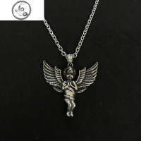 潮牌复古个性银色天使项链丘比特翅膀吊坠男女情侣毛衣链钛钢饰品 JiMi