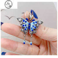 JiMi990银银烧蓝蝴蝶流苏项链女锁骨链精致翩翩起舞吊坠古风配饰品