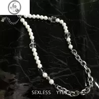 JiMiyyds 方型水晶珍珠项链2023年新款女轻奢小众ins嘻哈锁骨链男潮牌