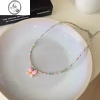 JiMi夏日多巴胺饰品彩色串珠蝴蝶爱心吊坠项链女小众设计感童趣锁骨链
