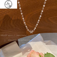 JiMi2023年新款水晶珍珠蝴蝶项链女夏小众设计感简约气质choker锁骨链